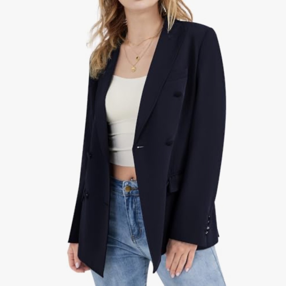 Classic Black Double-Breasted women’s Blazer with rose gold brooch